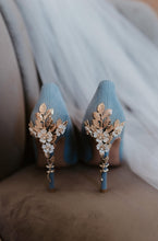 Load image into Gallery viewer, Blue Suede Wedding Heels: Cherry Blossom Embellished Bridal Shoes - UK3/US5.5