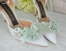 Load image into Gallery viewer, Bridal Floral Heels – Sage Green & White Wedding High Heels with Ankle Strap • UK5 / US7.5
