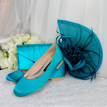 Load image into Gallery viewer, Teal Satin Bridal Set | Handmade Flat Shoes, Clutch Bag & Fascinator