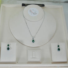 Load image into Gallery viewer, Emerald Green Teardrop Crystal Necklace Earrings Set, Silver Cubic Zirconia Bride Jewelry