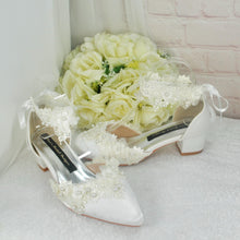 Load image into Gallery viewer, Ivory Satin Bridal Heels: Handmade Lace Pearl Block Heel Shoes (UK3/US5.5)