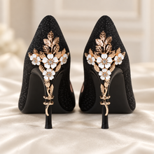 Load image into Gallery viewer, Black Glitter Wedding Heels – Gold Cherry Blossom Pointed Bridal Shoes