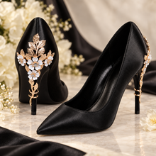 Load image into Gallery viewer, Black Satin Cherry-Blossom Bridal Heels – 9 cm