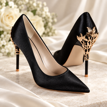 Load image into Gallery viewer, Black Satin Bridal Heels with Gold Leaf Details – 10 cm