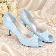 Load image into Gallery viewer, Blue Lace Bridal Shoes – Peep Toe Low Heel Wedding Heels