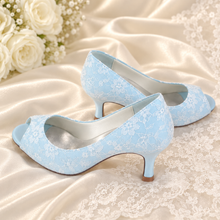 Load image into Gallery viewer, Blue Lace Bridal Shoes – Peep Toe Low Heel Wedding Heels