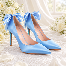Load image into Gallery viewer, Something Blue Satin Wedding Shoes with Bow | Pointed-Toe Bridal Heels | Glitter Heel Court Shoes | Custom Colours