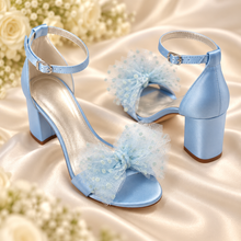 Load image into Gallery viewer, Something Blue Wedding Shoes | Satin Block-Heel Bridal Sandals | Removable Tulle Bows