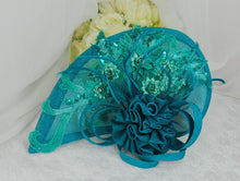Load image into Gallery viewer, Teal Satin Bridal Set: Handmade Clutch, Fascinator, and Stiletto Shoes