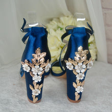 Load image into Gallery viewer, Navy Satin Bridal Sandals: Cherry Blossom Block Heel Wedding Shoes