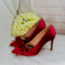 Load image into Gallery viewer, Stunning Burgundy Red Satin Heels Clutch Bag, Matching Bridal Set, Purse Shoes for Wedding Guest Mother of the Bride Groom