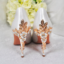 Load image into Gallery viewer, Ivory Satin Bridal Heels: Gold Cherry Blossom Wedding Shoes UK4/US6.5