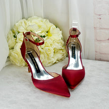 Load image into Gallery viewer, Burgundy Satin Bridal Shoes: Bridesmaid Floral Heel, Ankle Strap • Size UK6/US8.5