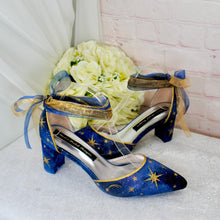 Load image into Gallery viewer, Blue Satin Celestial Wedding Shoes: Hand-Painted Galaxy Bridal Block Heels UK7/US9.5