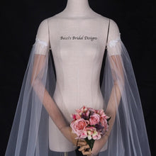 Load image into Gallery viewer, Bicep Wedding Cape with Lace, Detachable Dress Sleeves, Bridal Wings, Veil, Bride Cape