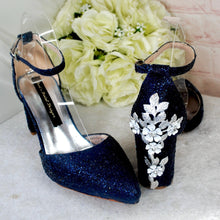 Load image into Gallery viewer, Navy Blue Glitter Bridal Sandals: Cherry Blossom Block Heel Wedding Shoes