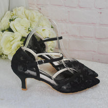 Load image into Gallery viewer, Black Embroidered Lace Kitten Heel Bridal Shoes • UK4 / US6.5