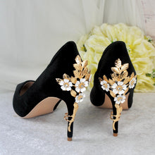 Load image into Gallery viewer, Black Velvet Heels, Clutch Bag & Sinamay Fascinator Set: Handmade Wedding Guest Outfit