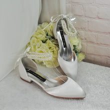 Load image into Gallery viewer, Ivory Satin Bridal Flats – Pointed Toe Wedding Flats with Pearl Ankle Strap • UK4/US6.5