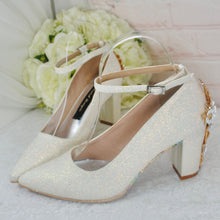Load image into Gallery viewer, Bridal Block Heel Satin Shoes – Ivory Handmade Wedding Heels 8cm Glitter • UK5/US7.5