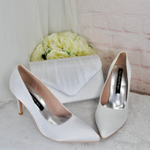 Load image into Gallery viewer, White Satin Bridal Set: Heels, Clutch Bag & Fascinator Hatinator
