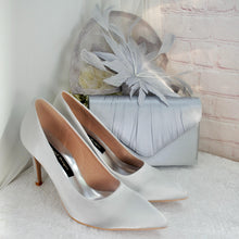 Load image into Gallery viewer, Silver Satin Bridal Set: Heels, Clutch Bag & Fascinator