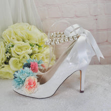 Load image into Gallery viewer, Bridal Lace Heels – White Lace Bridal Shoes with Pearl Strap & Floral Details • UK5/US7.5