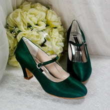 Load image into Gallery viewer, Emerald Green Satin Bridal Shoes: Handmade Block Heel Mary Janes UK5/US7.5