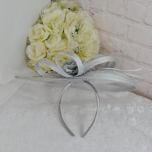Load image into Gallery viewer, Silver Grey Fascinator and Clutch Bag Set: Handmade Satin Bridal Hatinator