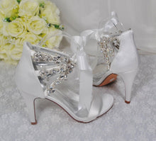 Load image into Gallery viewer, White Wedding Sandals - Handmade Bridal High Heels with Crystal Straps & Ribbon Tie UK4/US6.5