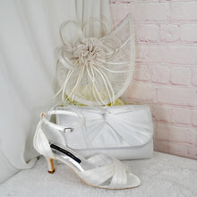 Load image into Gallery viewer, White Satin Bridal Set: Heels, Clutch Bag & Fascinator