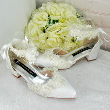 Load image into Gallery viewer, Ivory Satin and Lace Floral Block Heels Bridal Shoes – UK3 – Ready to Dispatch
