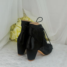 Load image into Gallery viewer, Black Satin Ankle Boots – Handmade Lace Block Heel Vintage Wedding Shoes UK4/US6.5