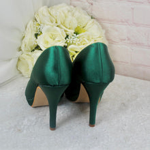 Load image into Gallery viewer, Emerald Green Satin Round Toe Heels - UK3 - Ready to Dispatch