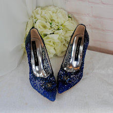 Load image into Gallery viewer, Navy Blue Satin Heels – Pointed Toe Stilettos with Lace and Crystal Embellishments UK4 / US6.5