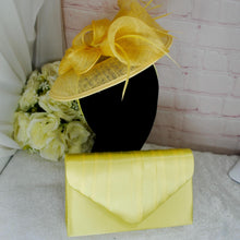 Load image into Gallery viewer, Stunning Yellow Bag and Fascinator Hat Bright Yellow Matching Bridal Set Hatinator Purse for Wedding Guest Mother of the Bride Groom