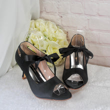 Load image into Gallery viewer, Black Satin Mary Jane Heels – Vintage Bridal Booties with Ribbon Tie & Cushioned Insoles UK5/US7.5
