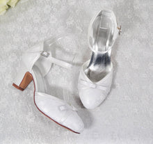 Load image into Gallery viewer, Bridal Block Heel Sandals – Handmade Satin Lace Ankle Strap Wedding Low Heels - UK3 / US5.5