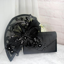 Load image into Gallery viewer, Black Satin Clutch Bag and Fascinator Set: Handmade Wedding Hatinator