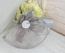 Load image into Gallery viewer, Silver Satin Bridal Set: Heels, Clutch Bag & Fascinator