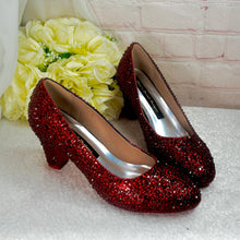 Load image into Gallery viewer, Ruby Slippers, Red Crystal Block Heels, Oz Inspired Custom Bridal Pumps