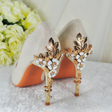 Load image into Gallery viewer, Champagne Gold Wedding Shoes - Handmade Satin Bridal Shimmer Pumps With Cherry Blossom Embellishment • Size UK3/US5.5