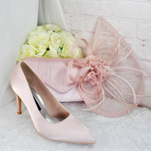 Load image into Gallery viewer, Handmade Pink Satin Bridal Set: Heels, Clutch Bag & Fascinator