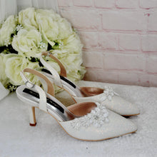 Load image into Gallery viewer, Ivory Shimmer Slingback Heels; 3D Floral Toe Details, Handmade Bridal Shoes, Wedding Heel Size UK5/US7.5