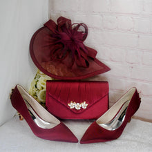 Load image into Gallery viewer, Burgundy Red Satin Bridal Set: Heels, Clutch & Fascinator