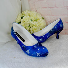 Load image into Gallery viewer, Hand-Painted Celestial Wedding Shoes – Blue Galaxy Low Heels