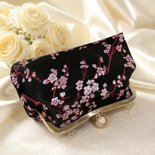 Load image into Gallery viewer, Black Cherry Blossom Floral Bridal Clutch: Embroidered Bag, Detachable Chain