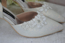 Load image into Gallery viewer, Ivory Shimmer Slingback Heels; 3D Floral Toe Details, Handmade Bridal Shoes, Wedding Heel Size UK5/US7.5