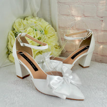 Load image into Gallery viewer, Bridal Block Heel Sandals - White Satin Bow, Handmade Comfortable Wedding Shoes UK5 US7.5