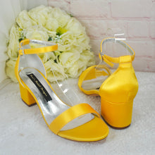 Load image into Gallery viewer, Yellow Block Heel Sandals: Satin Bridal Bridesmaid Shoes